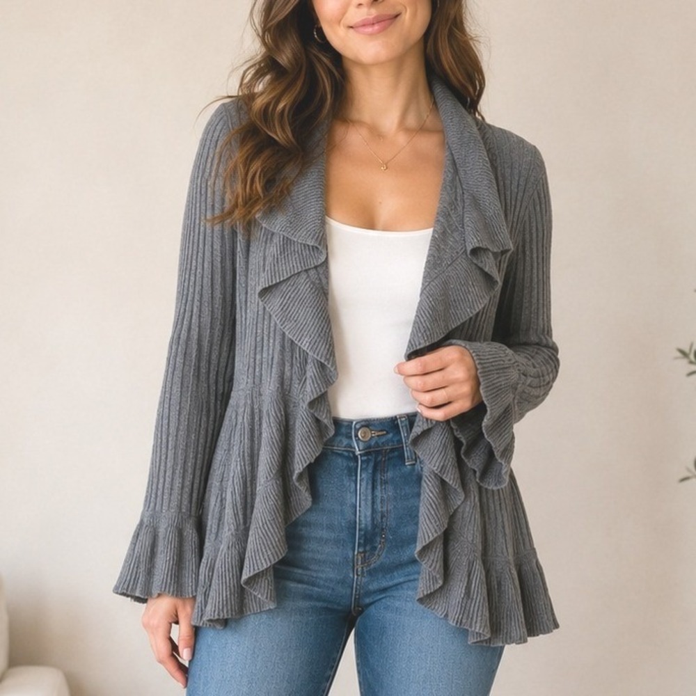 Venue‎ Grey Ruffle Trim Ribbed Cashmere Blend Cardigan M Romantic Cottagecore
